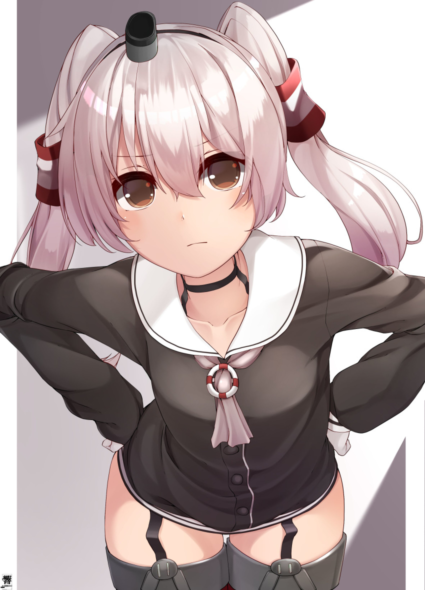 1girl absurdres amatsukaze_(kantai_collection) black_dress brown_eyes buttons closed_mouth collarbone cowboy_shot dress garter_straps gloves hair_between_eyes hands_on_hips hibiki_zerocodo highres kantai_collection long_hair long_sleeves looking_at_viewer sailor_collar sailor_dress signature silver_hair solo two_side_up white_gloves white_sailor_collar