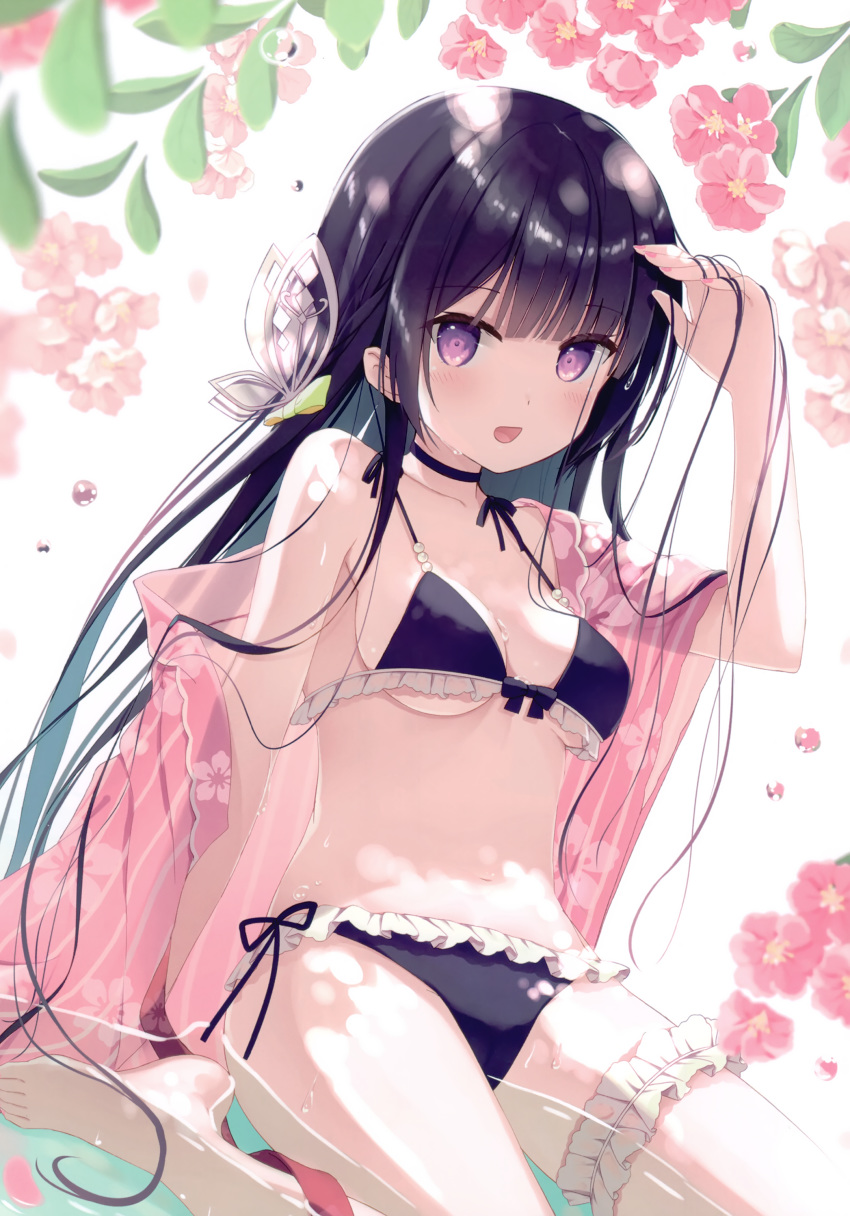 1girl :d absurdres arm_up bare_shoulders barefoot bikini black_bikini black_choker black_hair breasts butterfly_hair_ornament choker collarbone flower frilled_bikini frills front-tie_bikini front-tie_top hair_ornament highres humuyun leaf leg_garter long_hair looking_at_viewer medium_breasts navel off_shoulder open_mouth original pink_flower scan see-through shade sitting smile solo stomach string_bikini striped swimsuit thighs very_long_hair violet_eyes wariza water wet white_background