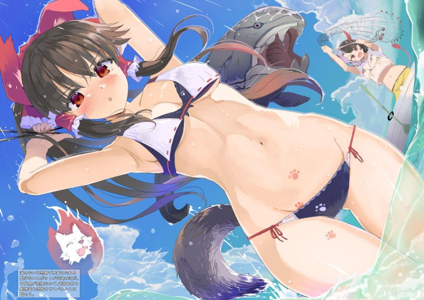 2girls armpits arms_up ass_visible_through_thighs bare_arms bare_shoulders bikini blue_sky blush bow breasts brown_hair clouds commentary_request day dutch_angle fish grey_hair groin hair_bow hair_tubes hakurei_reimu horns layered_bikini long_hair looking_at_viewer medium_breasts multicolored_hair multiple_girls navel net outdoors paw_print ponytail puuakachan red_bow red_eyes side-tie_bikini sidelocks sky standing stomach summer swimsuit tail thigh_gap touhou translation_request two-tone_hair ushizaki_urumi wading wolf_spirit_(touhou) wolf_tail