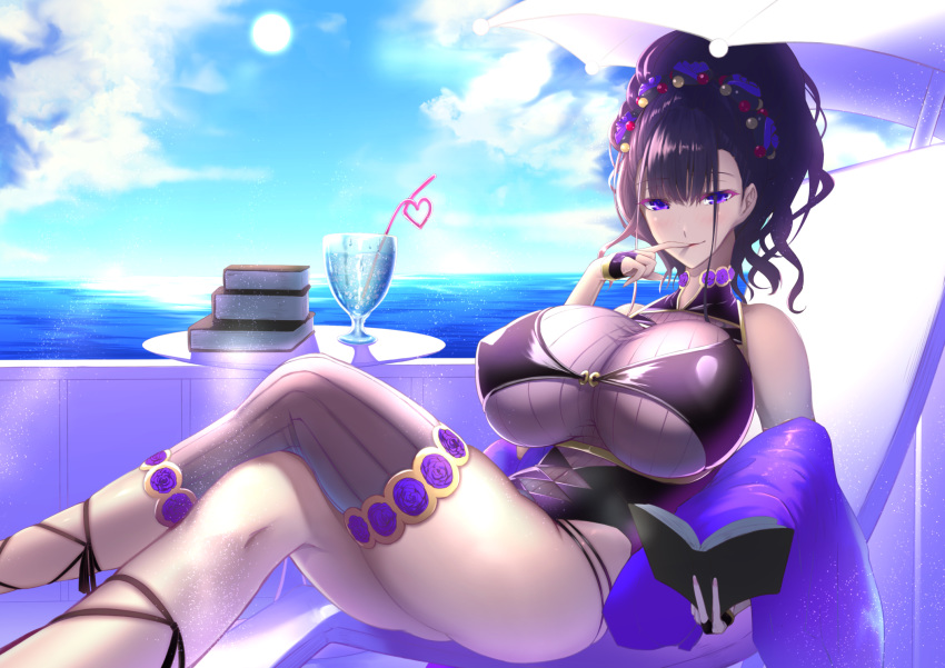1girl bangs bare_shoulders beach_chair black_swimsuit blue_sky book book_stack breasts clouds commentary_request crossed_legs cup drinking_glass drinking_straw fate/grand_order fate_(series) finger_to_mouth flower gloves hair_between_eyes hair_flower hair_ornament hair_up half_gloves highleg highleg_swimsuit highres holding holding_book huge_breasts looking_at_viewer murasaki_shikibu_(fate) murasaki_shikibu_(swimsuit_rider)_(fate) ocean one-piece_swimsuit revision shawl shiroshisu sidelocks single_thighhigh sitting sky sun swimsuit thigh-highs tied_hair umbrella violet_eyes water