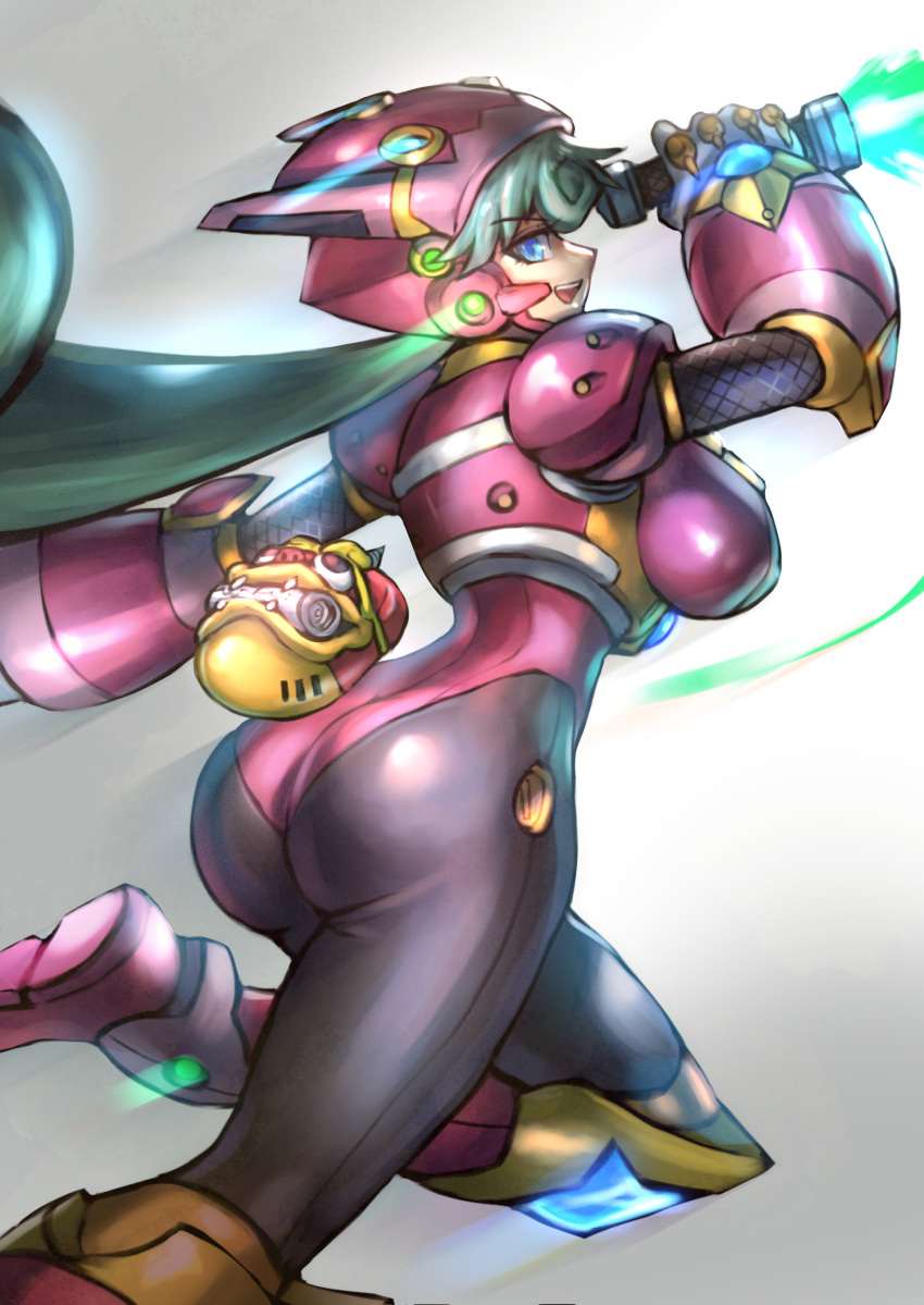 1girl absurdres android ass blue_eyes breasts dgrp_(minhduc12333) energy_blade english_commentary from_behind green_hair helmet highres holding holding_weapon jumping large_breasts leg_up long_hair marino ninja open_mouth ponytail rockman rockman_x rockman_x_command_mission simple_background smile solo weapon