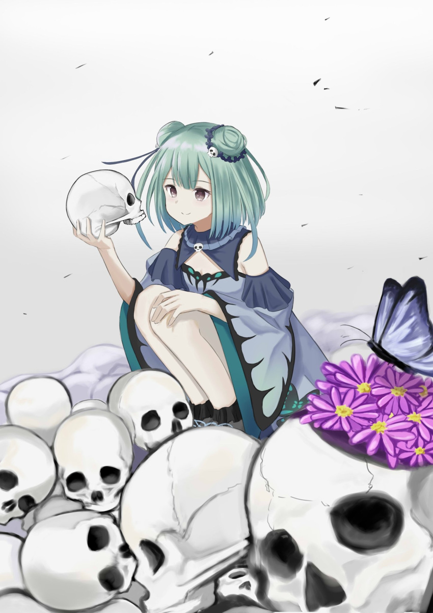 1girl black_eyes blue_butterfly blush closed_mouth commentary_request double_bun flower green_hair hand_on_own_knee highres holding holding_skull hololive natsuki_(natukituki) skull smile solo squatting uruha_rushia virtual_youtuber white_background wide_sleeves