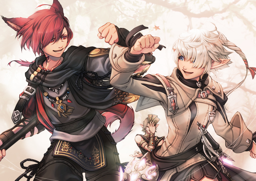 1girl 2boys alisaie_leveilleur animal_ears arm_up astrologian_(final_fantasy) bangs bare_shoulders black_vs_white blue_eyes bracelet card cat_boy cat_ears cat_tail coat elezen elf final_fantasy final_fantasy_xiv fist_bump g'raha_tia gloves grey_hair hair_over_one_eye highres holding holding_card jewelry long_hair long_sleeves looking_at_another mihira_(tainosugatayaki) miqo'te multiple_boys open_mouth pants pointy_ears red_eyes red_mage redhead rope scarf shirt smile tail tarot urianger_augurelt weapon