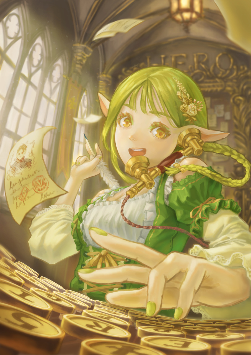 1girl :d absurdres day dress green_dress green_hair green_nails hair_ornament highres indoors keyboard long_sleeves looking_at_viewer open_mouth original paper phone pointy_ears quill shann_pierre smile typewriter window yellow_eyes