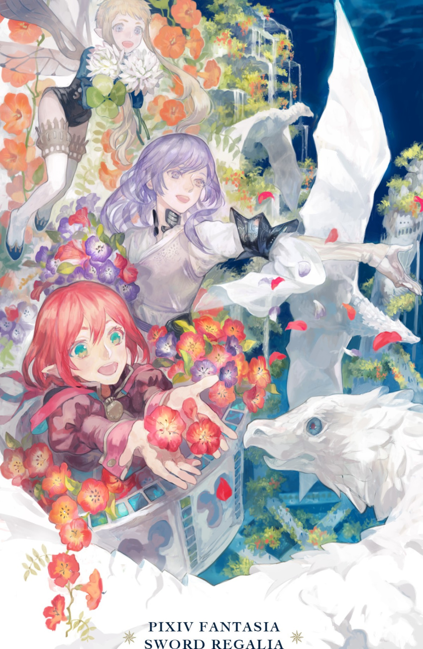 1boy 2girls androgynous blonde_hair blue_eyes borrowed_character clover copyright_name fairy fairy_wings fantasy flower green_eyes grey_eyes heterochromia highres holding holding_flower juliet_sleeves licorice_(pixiv_fantasia) long_hair long_sleeves minigirl multiple_girls nishihara_isao orange_flower pixiv_fantasia pixiv_fantasia_sword_regalia pointy_ears puffy_sleeves purple_flower purple_hair r-riru_(pixiv_fantasia) red_flower redhead serini_(pixiv_fantasia) short_hair short_hair_with_long_locks sidelocks smile thigh-highs violet_eyes wings yellow_eyes