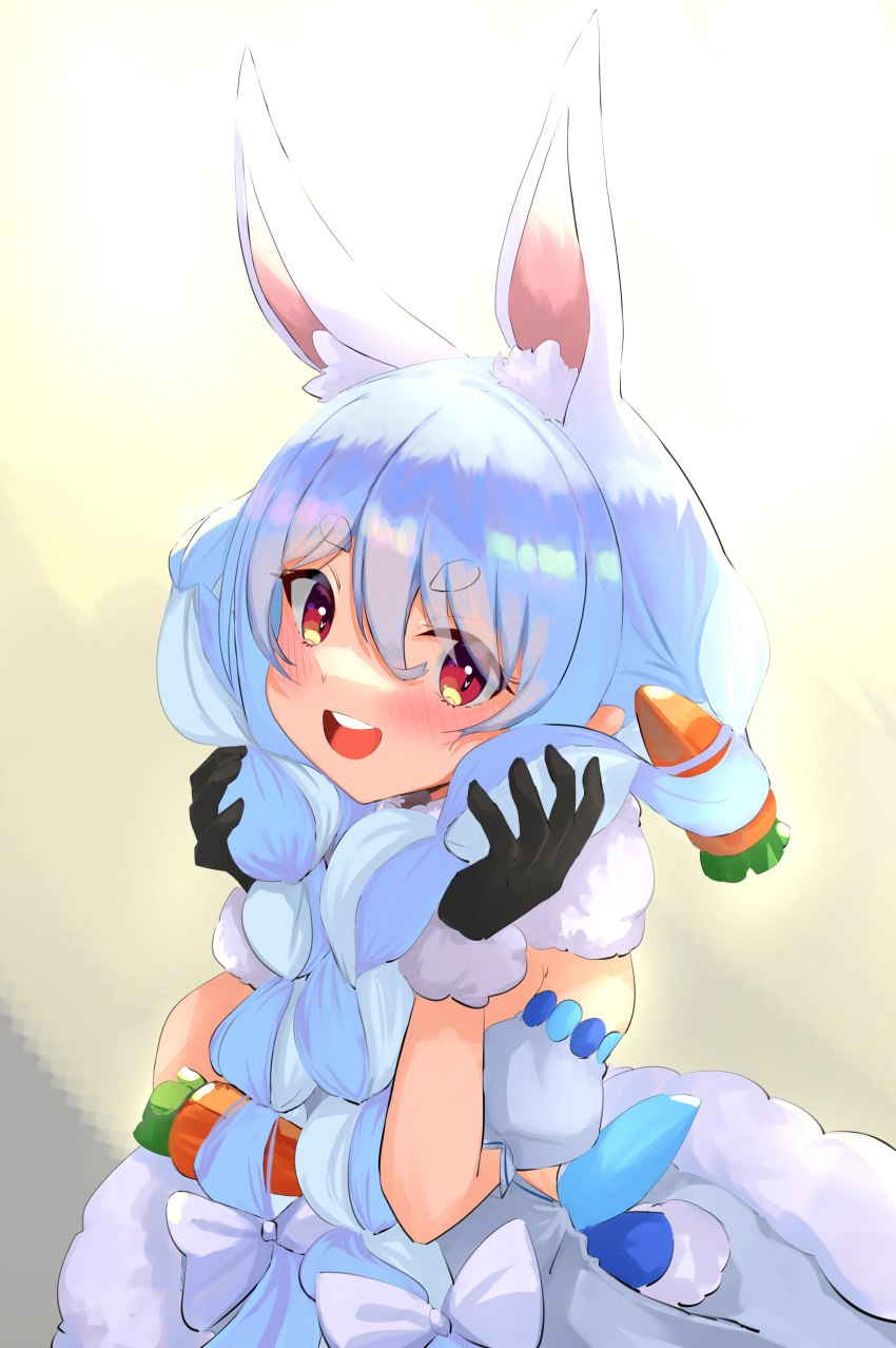 1girl :d absurdres animal_ears black_gloves blue_hair blush braid brown_eyes carrot commentary_request dress eyebrows_visible_through_hair gloves hair_between_eyes highres hololive looking_at_viewer open_mouth rabbit_ears smile solo twin_braids usada_pekora virtual_youtuber yng