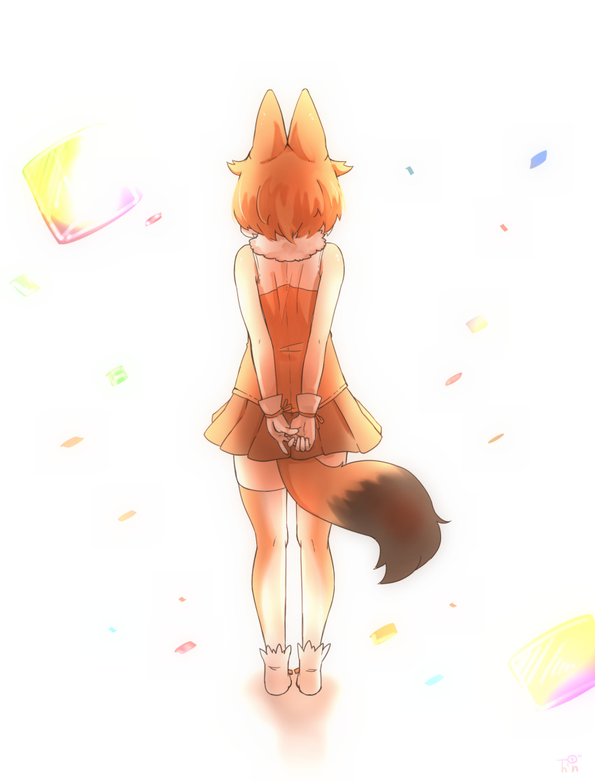 1girl animal_ears arms_behind_back backlighting bare_arms bare_shoulders boots brown_skirt commentary dhole_(kemono_friends) facing_away from_behind full_body fur_collar gloves highres kemono_friends orange_hair pleated_skirt sandstar shirt short_hair skirt sleeveless sleeveless_shirt solo tail thigh-highs thin_(suzuneya) white_footwear white_gloves zettai_ryouiki