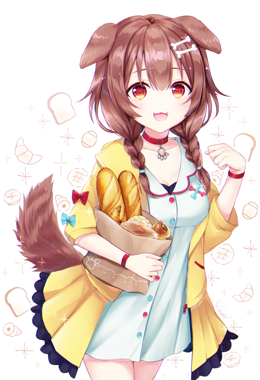 1girl :3 :d animal_ears bag baguette braid bread breasts brown_eyes brown_hair chiutake_mina clenched_hand collar collarbone croissant dog_ears dress fangs food food_background hair_between_eyes highres hololive inugami_korone long_hair medium_breasts melon_bread open_mouth paper_bag smile solo sparkle twin_braids virtual_youtuber white_background white_dress