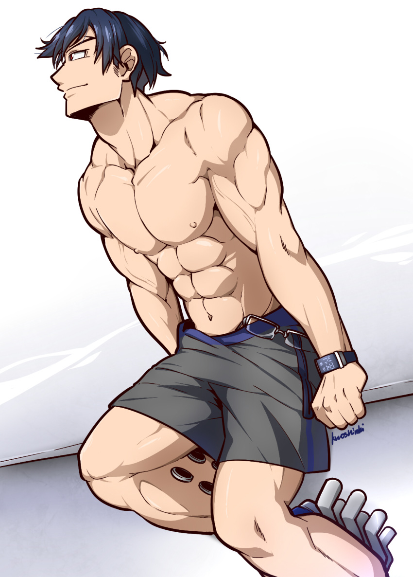 1boy abs bara blue_hair boku_no_hero_academia chest collarbone highres iida_tenya kuroshinki male_focus muscle navel nipples no_eyewear pectorals red_eyes shirtless short_hair shorts toned toned_male watch