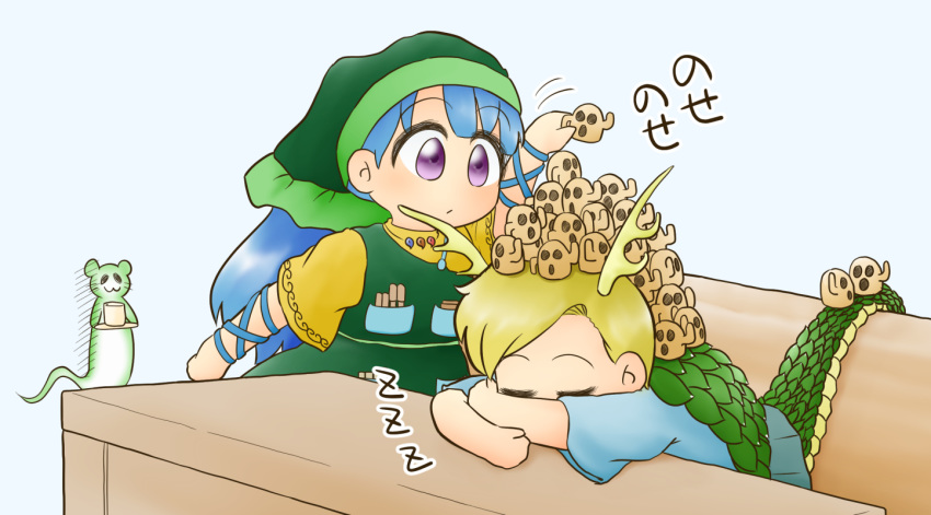:/ :3 apron blonde_hair blue_background blue_hair blue_shirt chibi commentary_request couch cup dragon_horns dragon_tail dress eyebrows_visible_through_hair green_headwear haniwa_(statue) haniyasushin_keiki head_on_table holding holding_saucer hood horns kicchou_yachie long_hair looking_to_the_side magatama magatama_necklace otter_spirit_(touhou) outstretched_arm saucer shell shirt short_hair short_sleeves simple_background sleeping stacking table tail touhou very_long_hair violet_eyes yellow_dress yukimuro zzz