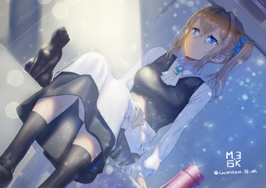 1girl apron bangs black_legwear black_skirt blonde_hair blue_eyes blue_scrunchie cat closed_mouth collared_shirt dutch_angle eyebrows_visible_through_hair hair_between_eyes hair_intakes hair_ornament hair_scrunchie hand_on_lap hayasaka_ai highres kaguya-sama_wa_kokurasetai_~tensai-tachi_no_renai_zunousen~ long_hair long_skirt long_sleeves scrunchie shiny shiny_hair shirt side_ponytail sidelocks sitting skirt solo soramiruku sparkle twitter_username waist_apron white_apron white_shirt wing_collar