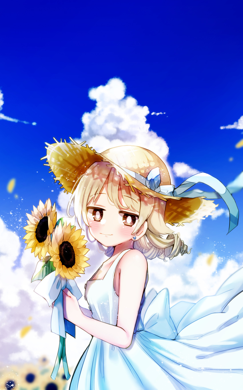 1girl absurdres bare_shoulders blue_sky blush brown_eyes clouds collarbone cowboy_shot day dress drill_hair earrings flower from_side hat highres holding holding_flower idolmaster idolmaster_cinderella_girls jewelry morikubo_nono outdoors petals ringlets signature sky sleeveless smile solo straw_hat sun_hat sundress sunflower suzugaeru upper_body white_dress wind