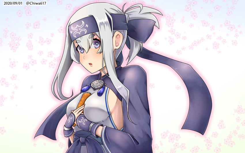 1girl ainu_clothes between_breasts blue_eyes blue_headband breasts carrot chiwa_(chiwa0617) commentary_request cropped_jacket dated folded_ponytail headband highres kamoi_(kantai_collection) kantai_collection looking_at_viewer medium_breasts sideboob sidelocks solo thick_eyebrows twitter_username upper_body white_hair wrist_guards
