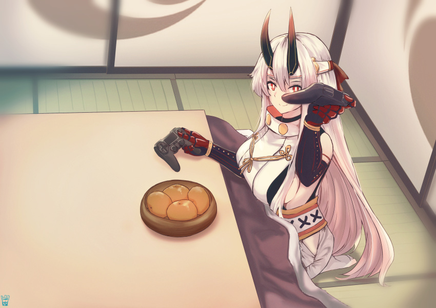 1girl absurdres bow breasts controller elbow_gloves fate/grand_order fate_(series) food game_controller gloves hair_bow headband highres holding holding_controller holding_game_controller horns kotatsu large_breasts long_hair looking_at_viewer offering oni_horns ootato playstation_controller red_bow red_eyes red_gloves sideboob silver_hair sitting smile solo table tomoe_gozen_(fate/grand_order) very_long_hair white_headband