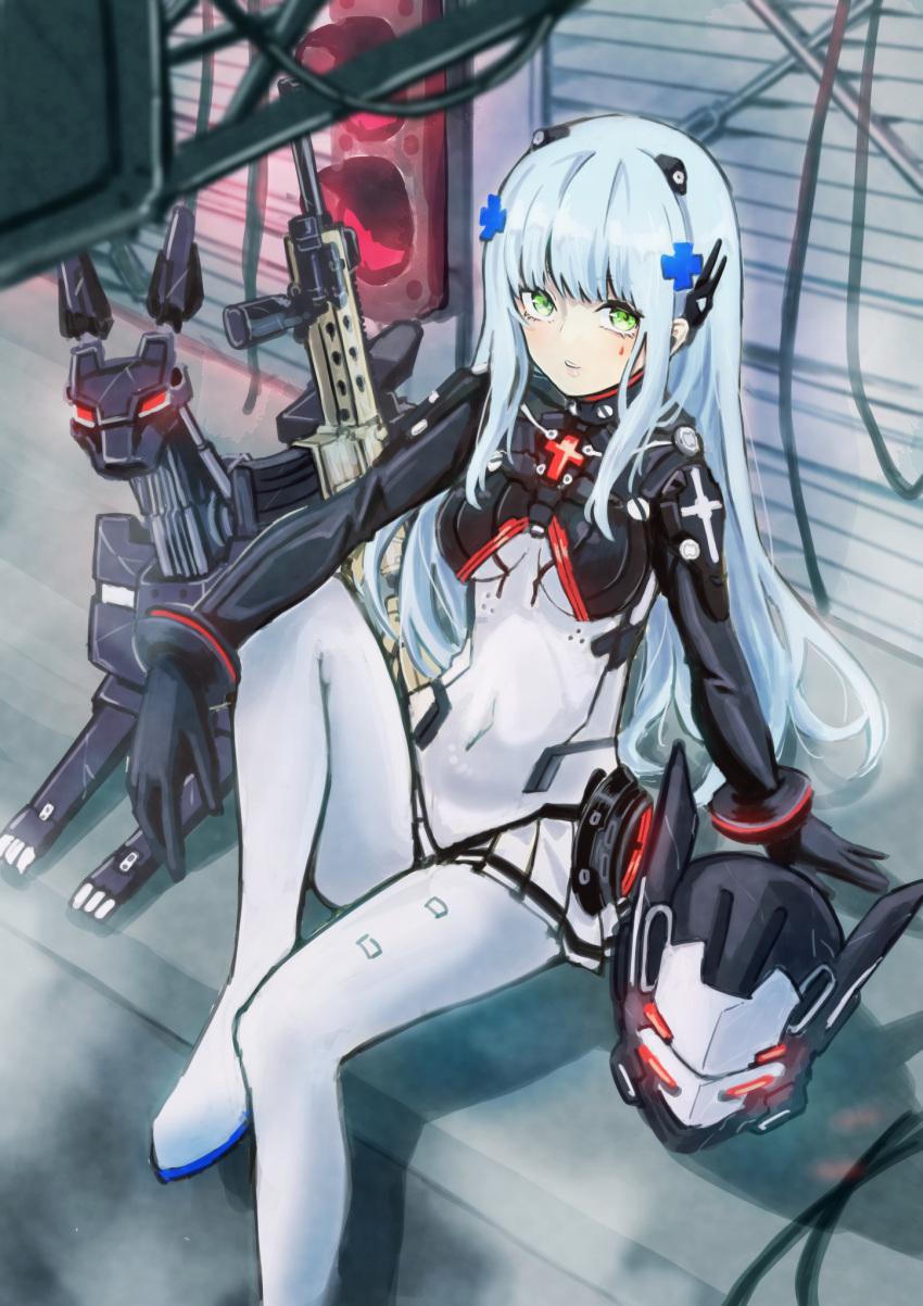 1girl armored_bodysuit assault_rifle bangs black_bodysuit blunt_bangs bodysuit breasts covered_navel cross_hair_ornament girls_frontline green_eyes gun h&amp;k_hk416 hair_ornament highres hk416_(girls'_frontline) hk416_(midnight_evangelion)_(girls'_frontline) long_hair medium_breasts multicolored_bodysuit multicolored_clothes official_alternate_costume redz rifle silver_hair sitting solo teardrop_facial_mark teardrop_tattoo weapon white_bodysuit