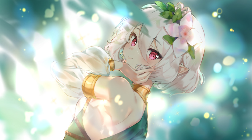 armband bare_shoulders blurry blurry_background breasts cheli_(kso1564) choker detached_sleeves elf flower hair_between_eyes hair_flower hair_ornament highres kokkoro_(princess_connect!) looking_at_viewer looking_back pointy_ears princess_connect! princess_connect!_re:dive red_eyes short_hair sidelocks small_breasts smile upper_body white_hair