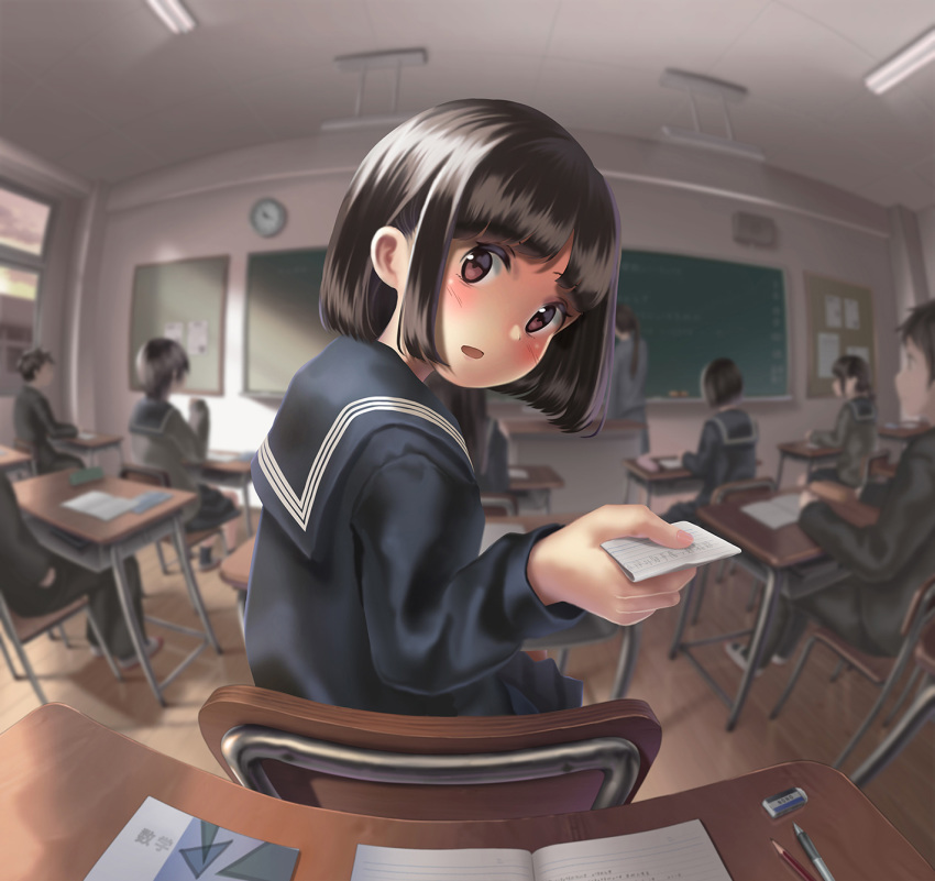 black_hair black_serafuku blush bob_cut brown_eyes chair classroom desk fisheye highres holding holding_paper looking_at_viewer multiple_boys multiple_girls original paper pov sarekoube school school_desk school_uniform serafuku shiny shiny_hair short_hair sitting solo_focus