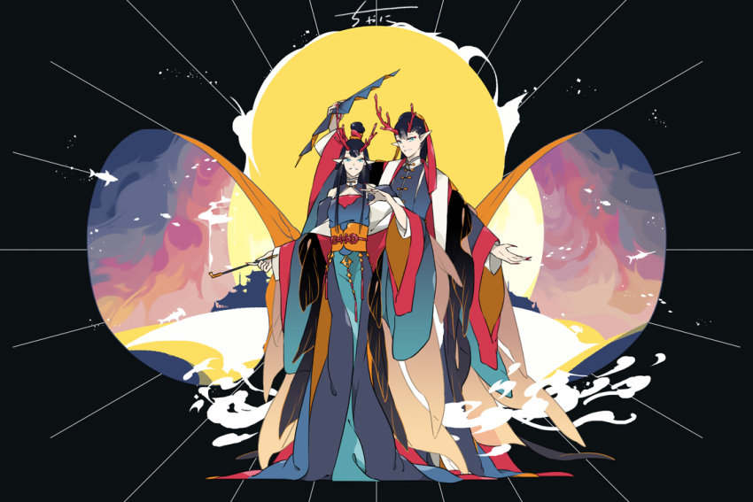 1boy 1girl architecture black_background black_hair chaninin clenched_hand east_asian_architecture fan folding_fan holding holding_fan horns kiseru long_hair obi pipe pixiv_fantasia pixiv_fantasia_age_of_starlight pointy_ears red_horns sash signature smile standing wide_sleeves