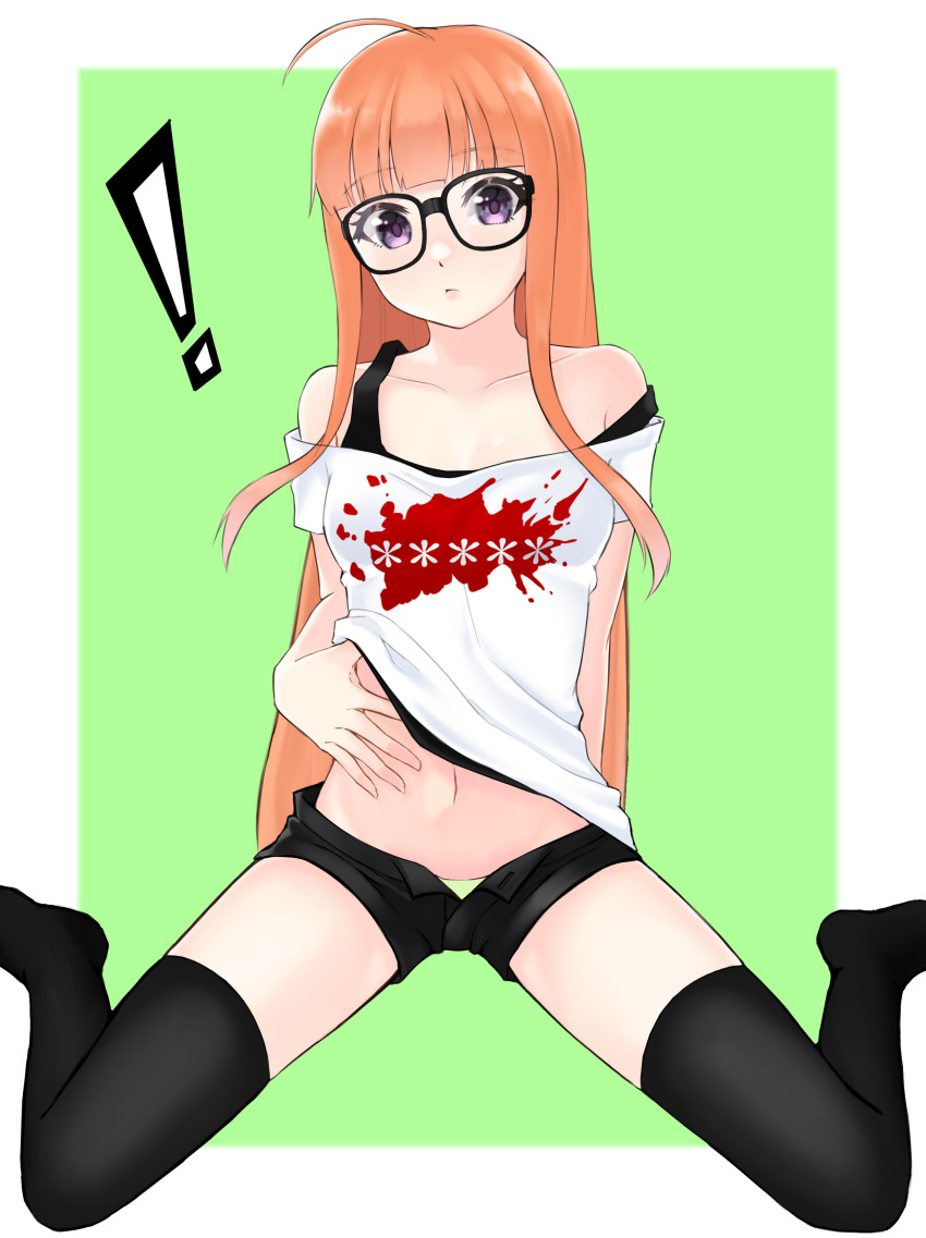 ! 1girl absurdres ahoge bangs black-framed_eyewear black_legwear black_shorts blunt_bangs breasts closed_mouth collarbone eyebrows_visible_through_hair glasses green_background green_panties highres lifted_by_self long_hair looking_at_viewer midriff navel off-shoulder_shirt off_shoulder open_clothes open_shorts orange_hair outside_border panties panty_peek persona persona_5 print_shirt renefu sakura_futaba shiny shiny_hair shirt shirt_lift short_shorts short_sleeves shorts sitting small_breasts solo stomach straight_hair thigh-highs tongue tongue_out two-tone_background underwear very_long_hair violet_eyes wariza white_background white_shirt