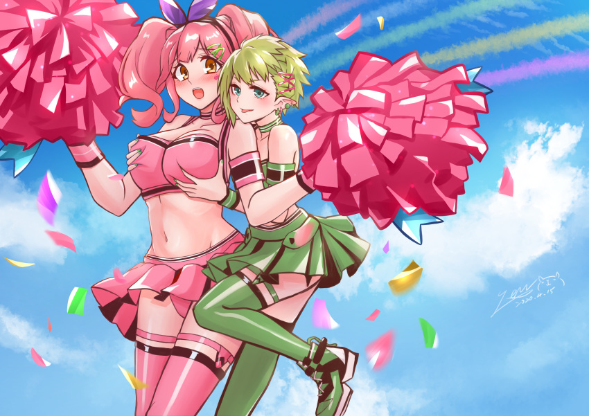 2girls absurdres blue_eyes breast_grab breasts cheerleader grabbing green_hair green_skirt highres janstalker large_breasts looking_down macross macross_delta makina_nakajima medium_hair multiple_girls open_mouth pink_hair pink_skirt pom_poms reina_prowler short_hair skirt surprised thigh-highs tongue tongue_out twintails yuri