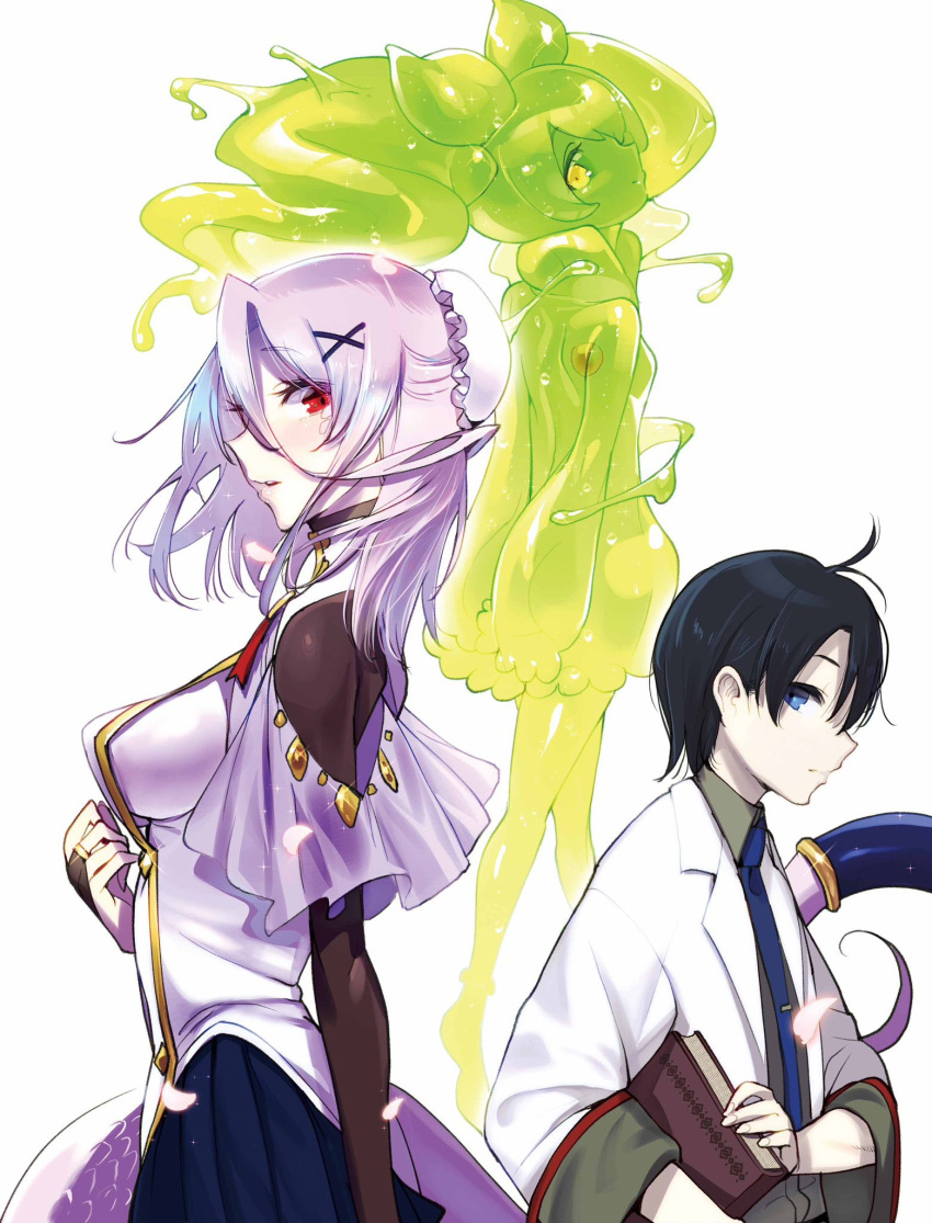 1boy 2girls ahoge albino black_hair blue_eyes book breasts closed_mouth coat commentary_request cover cover_page eyebrows_visible_through_hair from_side glenn_litbeit green_skin hair_ornament highres holding holding_book lamia large_breasts lime_(monster_musume_no_oisha-san) long_hair monster_girl monster_musume_no_oisha-san multiple_girls novel_cover novel_illustration official_art open_mouth parted_lips purple_hair red_eyes saphentite_neikes scales simple_background slime_girl standing twintails white_background white_coat x_hair_ornament yellow_eyes z-ton
