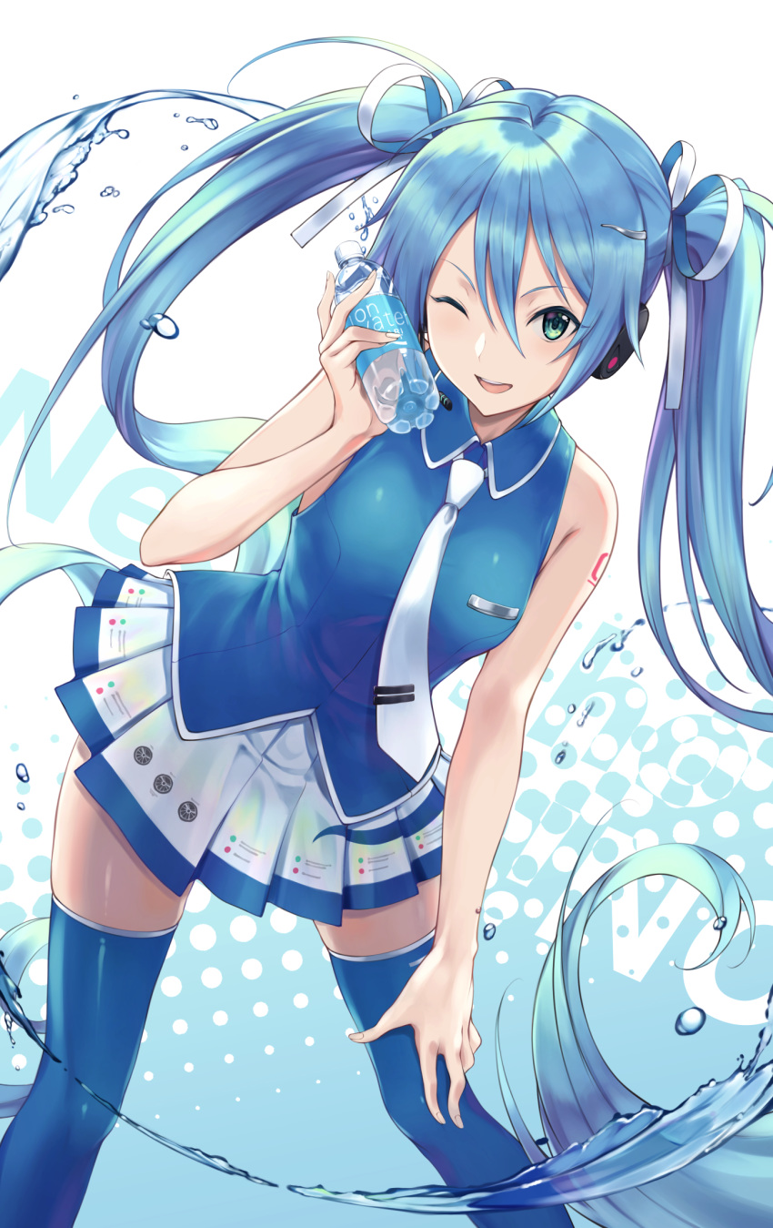 1girl blue_hair blue_legwear blue_shirt bottle chokuro commentary green_eyes hair_between_eyes hair_ribbon hand_on_own_knee hatsune_miku headphones highres holding holding_bottle leaning_forward long_hair looking_at_viewer necktie one_eye_closed open_mouth pleated_skirt pocari_sweat revision ribbon shirt skirt sleeveless sleeveless_shirt smile solo splashing thigh-highs twintails very_long_hair vocaloid water white_neckwear
