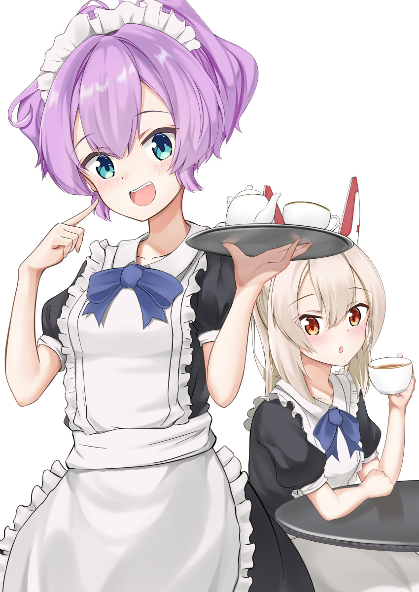 2girls :d :o absurdres alternate_costume apron arm_rest ayanami_(azur_lane) azur_lane bangs black_dress blue_eyes blue_ribbon blush breasts collarbone collared_dress commentary_request cowboy_shot cup dress enmaided eyebrows_visible_through_hair frilled_apron frills hair_between_eyes head_tilt headgear high_ponytail highres holding holding_cup holding_tray javelin_(azur_lane) long_hair looking_at_viewer maid maid_apron maid_dress maid_headdress micchamu multiple_girls neck_ribbon open_mouth orange_eyes platinum_blonde_hair pointing pointing_at_self ponytail puffy_short_sleeves puffy_sleeves purple_hair ribbon short_sleeves sidelocks simple_background sitting small_breasts smile standing table teacup teapot tray upper_teeth white_background