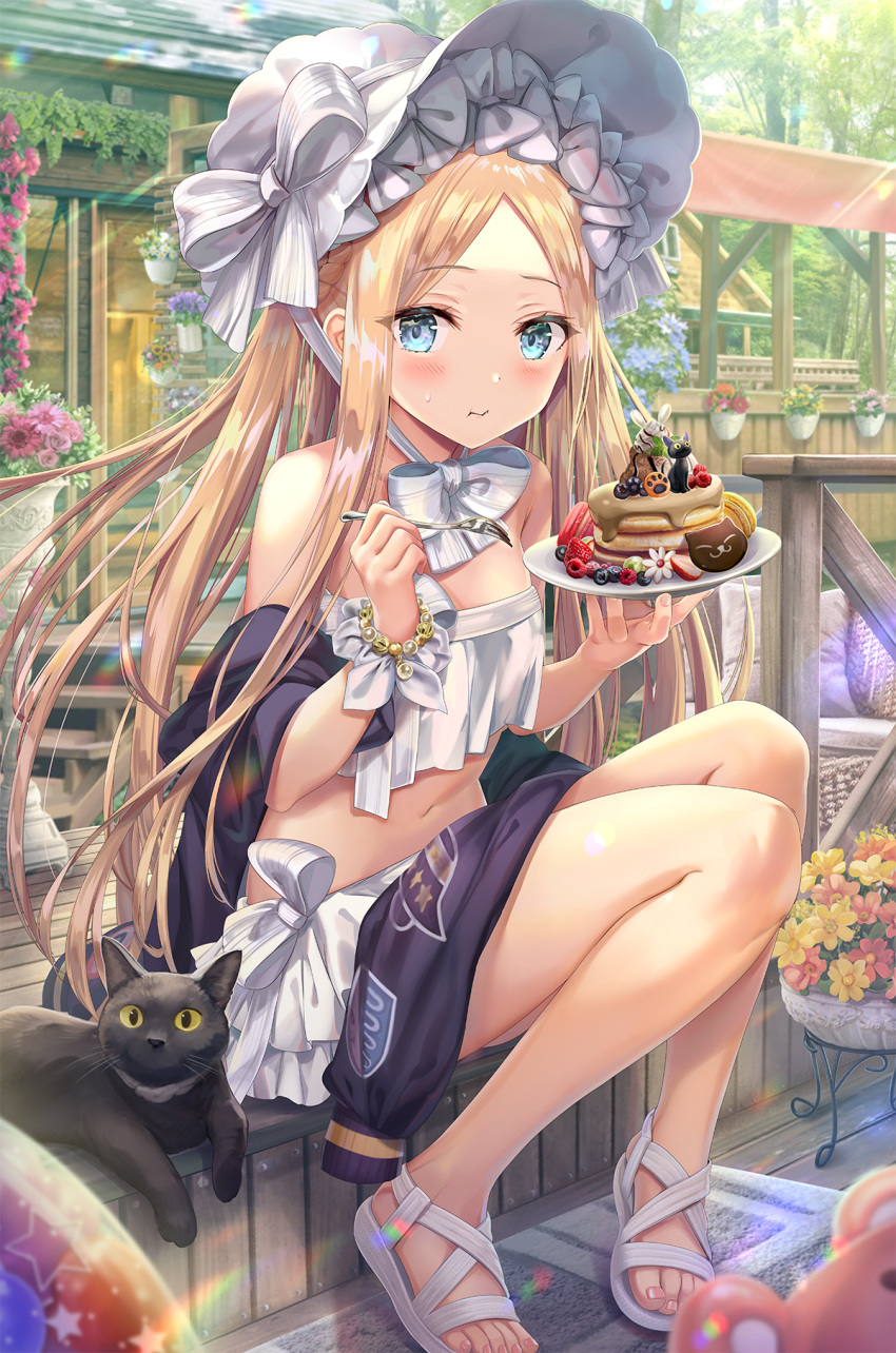 1girl abigail_williams_(fate/grand_order) abigail_williams_(swimsuit_foreigner)_(fate) bangs bare_shoulders bead_bracelet beads bikini black_cat black_jacket blonde_hair blue_eyes blush bonnet bow bracelet breasts cat eating fate/grand_order fate_(series) food forehead fork hair_bow highres jacket jewelry light_rays long_hair looking_at_viewer miniskirt navel off_shoulder open_clothes open_jacket pancake parted_bangs sandals sidelocks skirt small_breasts swimsuit torino_akua twintails very_long_hair white_bikini white_bow white_headwear