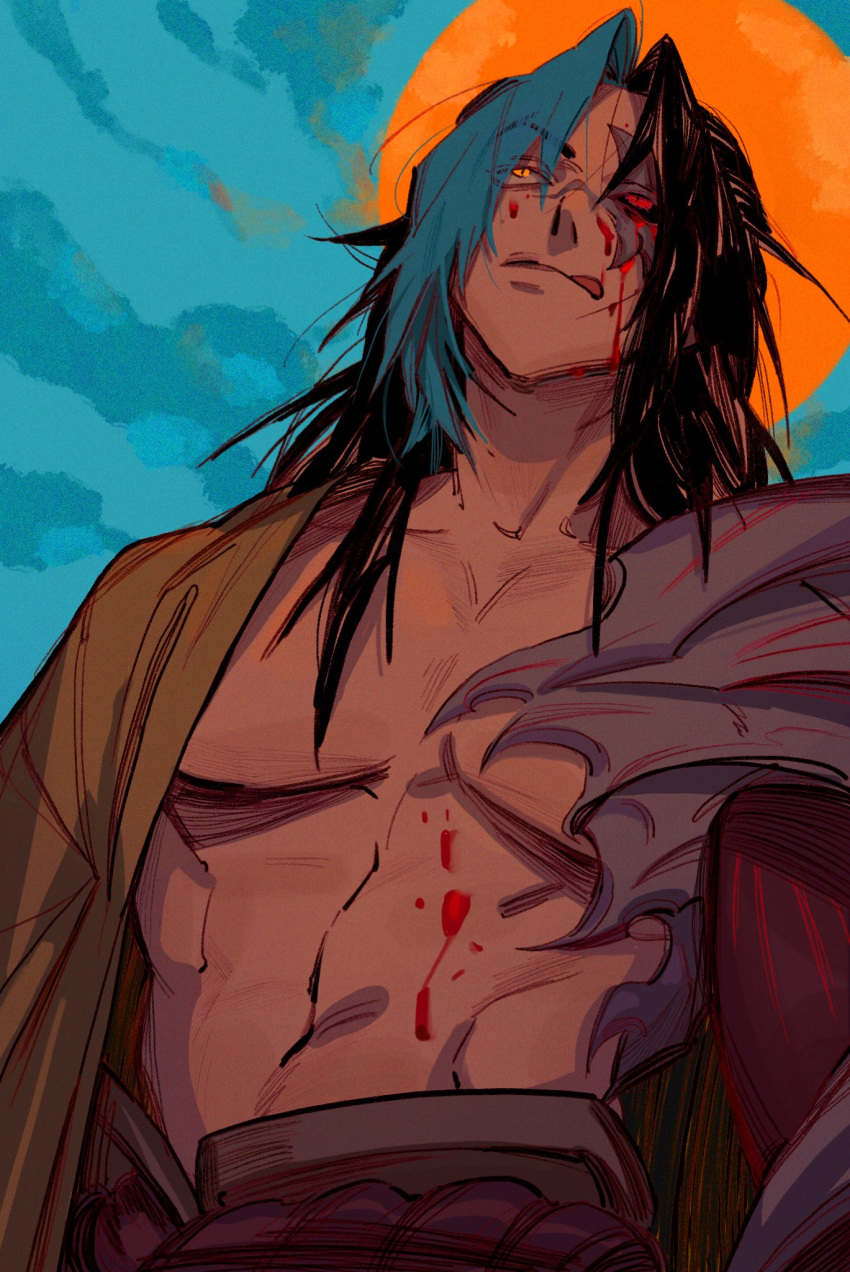 1boy bare_chest belt black_hair black_sclera blood blood_on_face blue_hair blue_sky closed_mouth clouds collarbone contrast highres kayn league_of_legends licking long_hair male_focus multicolored multicolored_hair navel outdoors red_eyes rope_belt sky slit_pupils solo tongue tongue_out vixen_z6 yellow_eyes