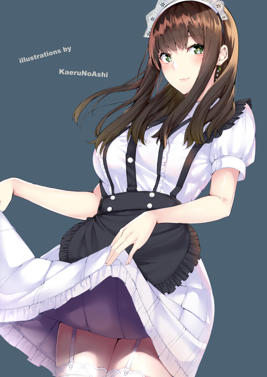 1girl artist_name blush breasts brown_hair commentary_request cowboy_shot earrings eyebrows_visible_through_hair green_eyes grey_background highres jewelry kaerunoashi large_breasts looking_at_viewer maid maid_headdress medium_hair original simple_background skirt skirt_lift thigh-highs watermark