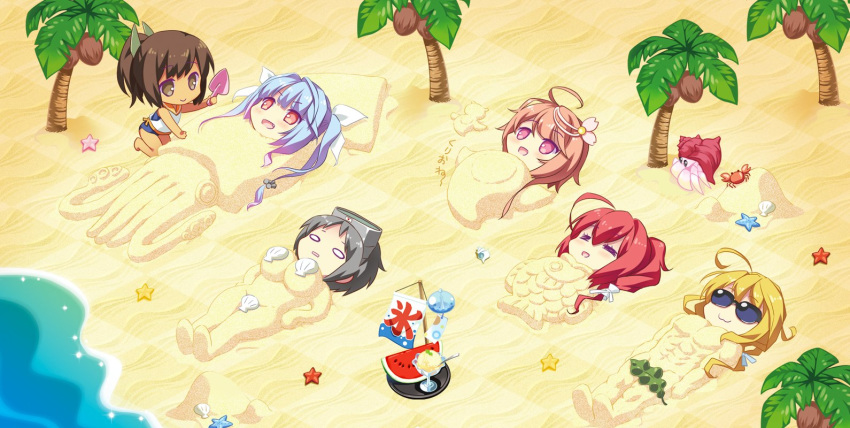 6+girls :3 ahoge beach black_hair blonde_hair blue_hair brown_eyes brown_hair calendar_(medium) carnelian chibi coconut_tree commentary_request crab diving_mask_on_head food fruit hair_ornament hair_ribbon hermit_crab i-168_(kantai_collection) i-19_(kantai_collection) i-401_(kantai_collection) i-58_(kantai_collection) i-8_(kantai_collection) isometric kantai_collection long_hair low_twintails maru-yu_(kantai_collection) multiple_girls orange_eyes palm_tree ponytail redhead ribbon sand_sculpture school_swimsuit school_uniform serafuku short_hair starfish sunglasses swimsuit swimsuit_under_clothes tan tree tri_tails twintails violet_eyes watermelon