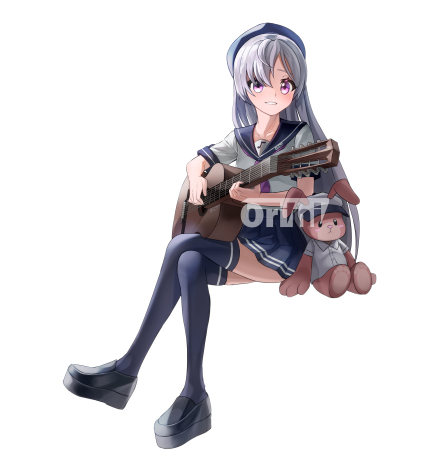 1girl absurdres acoustic_guitar alternate_costume black_footwear blue_headwear blue_legwear blue_skirt crossed_legs grey_hair grin guitar highres holding instrument invisible_chair king's_raid lavril_(king's_raid) loafers long_hair looking_at_viewer miniskirt music neckerchief playing_instrument pleated_skirt school_uniform serafuku shirt shoes short_sleeves simple_background sitting skirt smile solo stuffed_animal stuffed_bunny stuffed_toy thigh-highs violet_eyes vladislav_ton white_background white_shirt