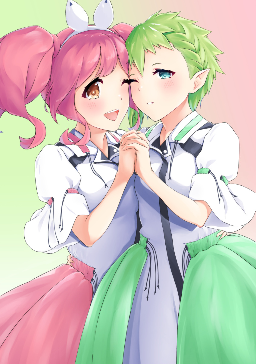 2girls asymmetrical_docking blue_eyes breast_press breasts brown_eyes flat_chest green_hair hand_on_another's_hip highres holding_hands macross macross_delta makina_nakajima medium_breasts medium_hair multiple_girls one_eye_closed open_mouth pink_hair pointy_ears reina_prowler short_hair twintails yumemo yuri