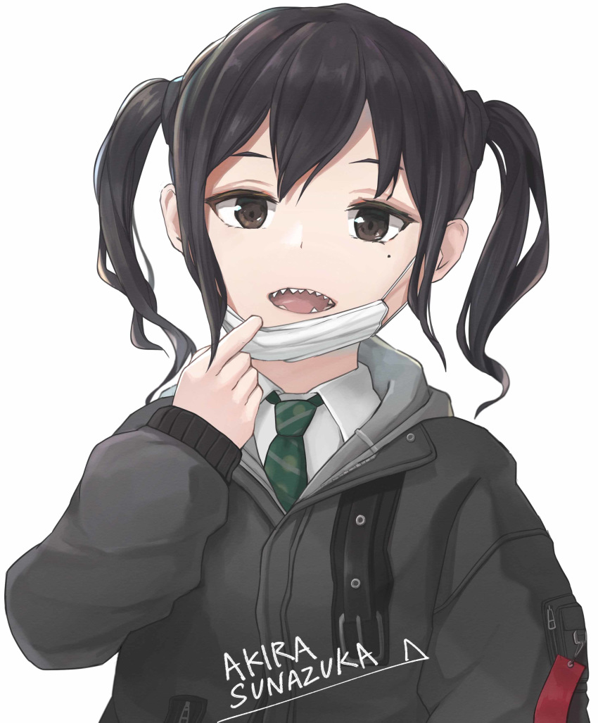 1girl absurdres black_eyes black_hair character_name commentary debi highres idolmaster idolmaster_cinderella_girls jacket looking_at_viewer mask mask_pull mole mole_under_eye mouth_mask necktie sharp_teeth solo sunazuka_akira surgical_mask teeth twintails upper_body white_background