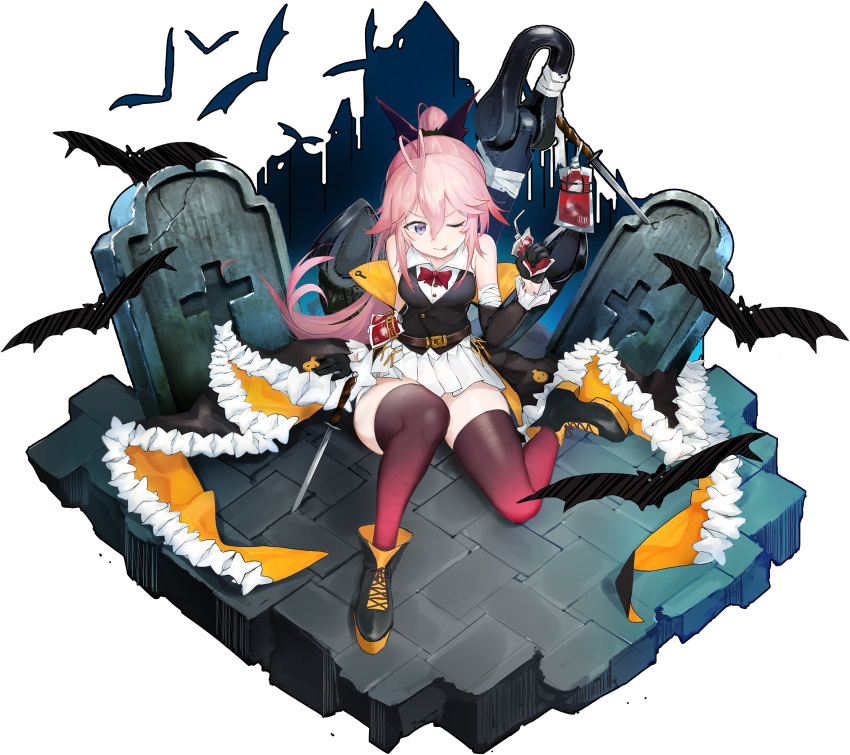 1girl alternate_costume anchor antenna_hair artist_request bandaged_arm bandages bangs bat black_gloves black_vest blood blood_bag blue_oath boots bow bowtie drinking_straw gloves grey_eyes haguro_(blue_oath) hair_between_eyes halloween halloween_costume highres holding long_hair official_art one_eye_closed pink_hair pleated_skirt ponytail red_legwear red_neckwear sitting skirt smile thigh-highs tombstone tongue transparent_background vest white_skirt