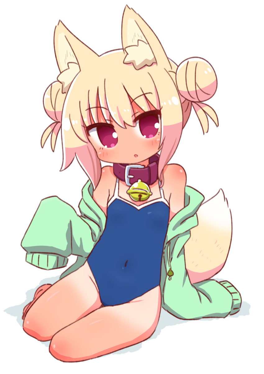 1girl :o animal_ear_fluff animal_ears bare_legs bare_shoulders barefoot bell bell_collar blonde_hair blue_swimsuit blush brown_collar collar commentary_request competition_school_swimsuit covered_navel double_bun drawstring fox_ears fox_girl fox_tail green_jacket groin highres jacket jingle_bell kemomimi-chan_(naga_u) long_sleeves looking_at_viewer naga_u off_shoulder one-piece_swimsuit open_clothes open_jacket original parted_lips shadow sidelocks sitting sleeves_past_fingers sleeves_past_wrists solo swimsuit tail tan tanline white_background yokozuwari