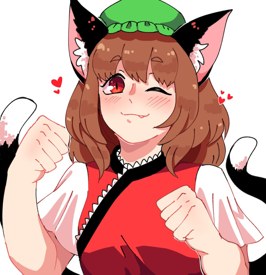 1girl :3 animal_ears brown_hair cat_ears cat_tail chen fang green_headwear hat highres lanalopez92 medium_hair multiple_tails nekomata red_vest solo tail touhou two_tails vest