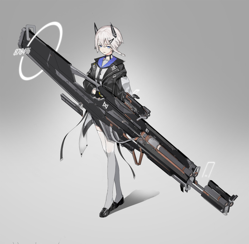 1844210356 1girl absurdres blue_eyes chinese_commentary flat_chest girls_frontline gun highres holding holding_gun holding_weapon huge_weapon looking_to_the_side mecha_musume original short_hair solo thigh-highs weapon white_hair