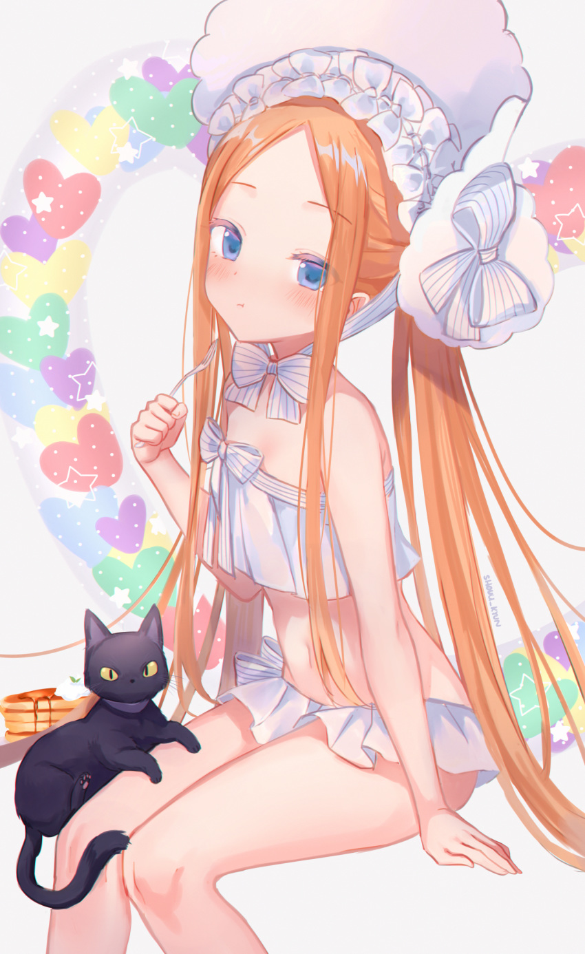 1girl abigail_williams_(fate/grand_order) abigail_williams_(swimsuit_foreigner)_(fate) absurdres animal arm_support bangs bare_shoulders bikini black_cat blonde_hair blue_eyes bonnet bow bowtie cat fate/grand_order fate_(series) forehead heart highres invisible_chair long_hair looking_at_viewer midriff navel parted_bangs shouu-kun sitting solo swimsuit thighs twintails very_long_hair white_background white_bikini white_bow