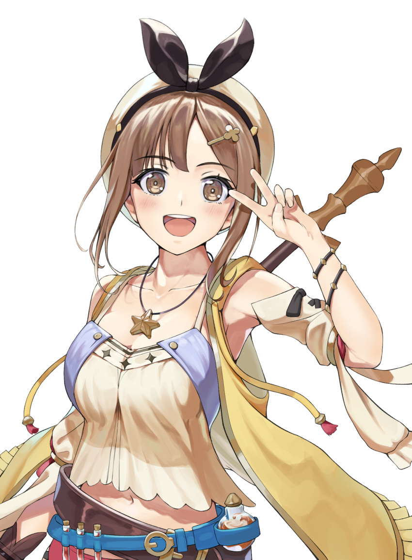 1girl armpits atelier_(series) atelier_ryza bangs belt beret blue_belt blush bow bracelet breasts brown_eyes brown_hair detached_sleeves hair_bow hat highres holding holding_staff jewelry looking_at_viewer medium_breasts midriff navel necklace open_mouth reisalin_stout round-bottom_flask sharpheon short_hair sidelocks sleeveless sleeveless_jacket smile staff star_(symbol) star_necklace v vial