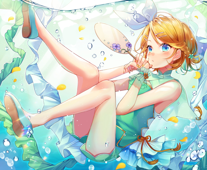 1girl air_bubble alternate_costume alternate_hairstyle bangs bare_shoulders blonde_hair blue_eyes blurry braid bubble china_dress chinese_clothes dress fan flats flower frills full_body green_dress green_flower hair_flower hair_ornament hair_ribbon half_updo highres holding holding_fan ion_(on01e) kagamine_rin looking_at_viewer nail_polish own_hands_together paper_fan parted_lips petals purple_flower ribbon short_dress short_hair side_braid single_braid sleeveless sleeveless_dress solo submerged swept_bangs tail uchiwa underwater vocaloid water wrist_cuffs yellow_nails