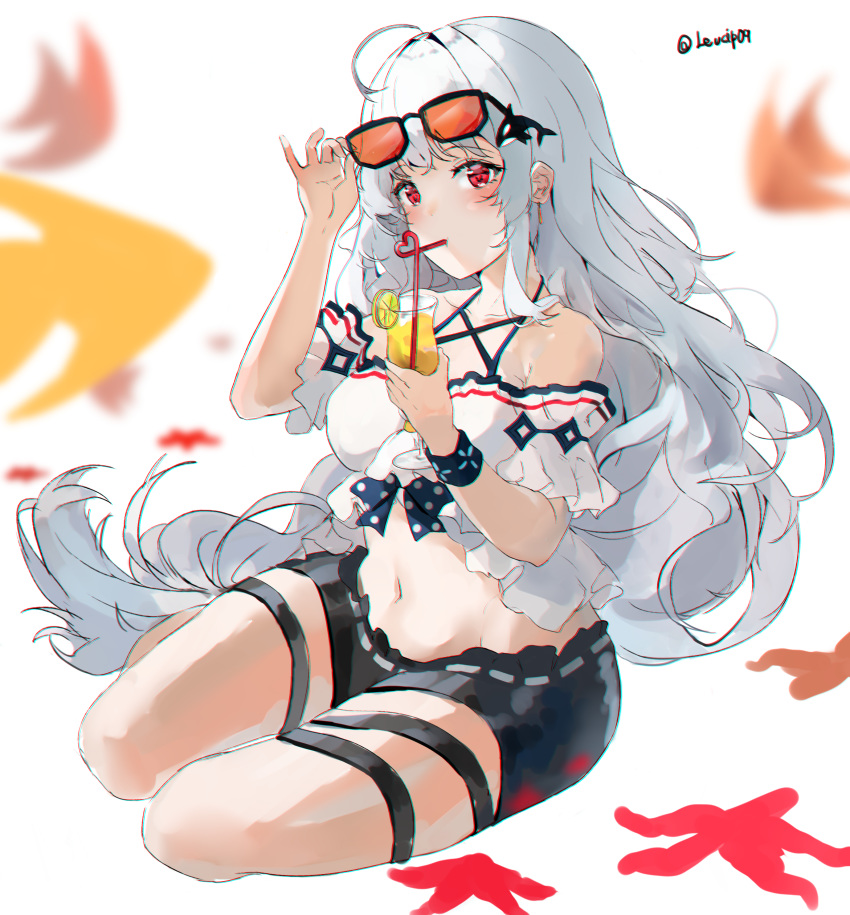 1girl absurdres adjusting_eyewear ahoge arknights bangs bare_shoulders black_shorts blush commentary cup drinking_glass drinking_straw eyewear_on_head food fruit hand_up highres holding holding_cup lemon lemon_slice long_hair looking_at_viewer midriff mogu70417776 navel no_hat no_headwear off-shoulder_shirt off_shoulder red_eyes shirt short_shorts short_sleeves shorts silver_hair simple_background sitting skadi_(arknights) solo stomach sunglasses thigh_strap thighs very_long_hair white_background white_shirt yokozuwari