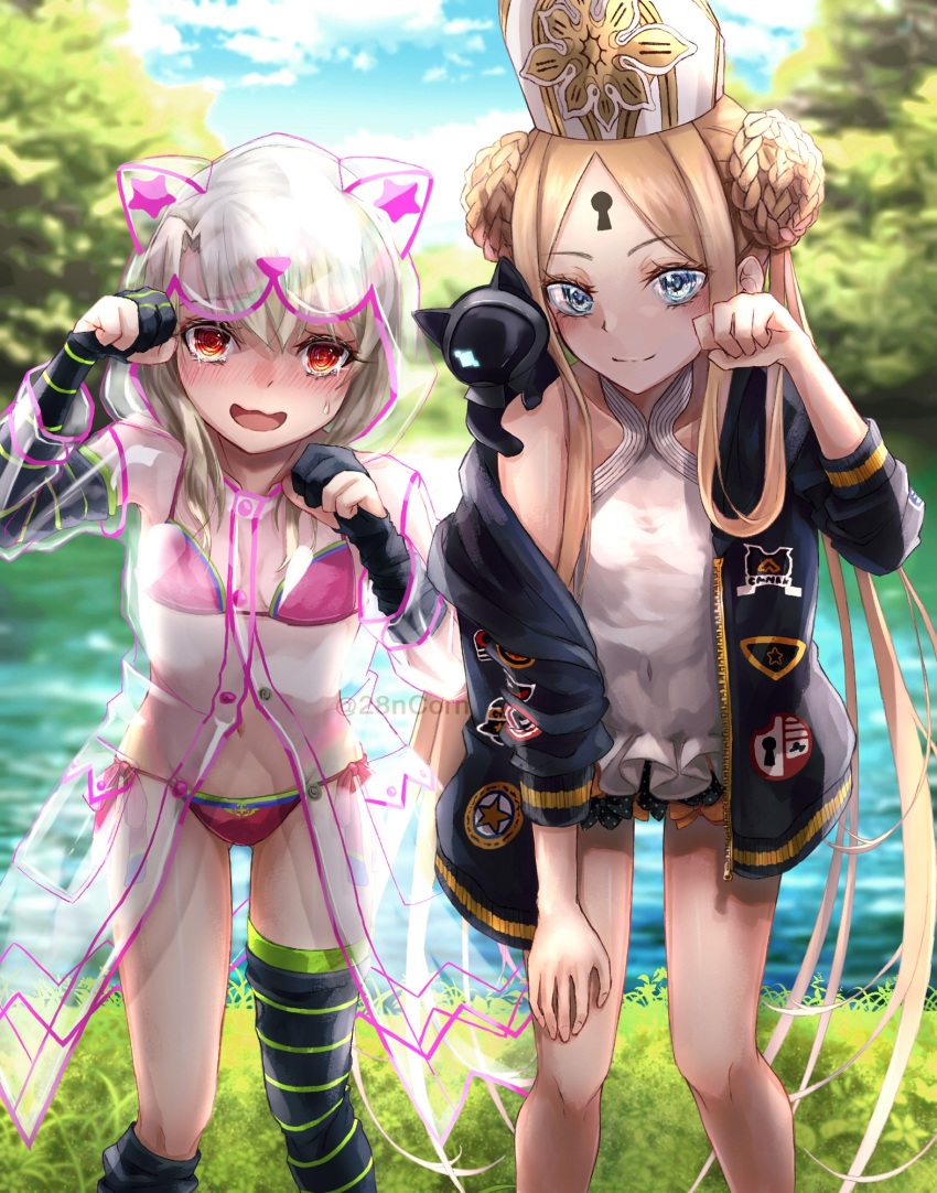 2girls abigail_williams_(fate/grand_order) abigail_williams_(swimsuit_foreigner)_(fate) animal_hood bangs bare_shoulders bikini black_bow black_cat black_gloves black_jacket black_legwear blonde_hair blue_eyes blue_sky blush bow braid braided_bun breasts cat closed_mouth double_bun dress_swimsuit elbow_gloves fate/grand_order fate_(series) forehead gloves highres hood illyasviel_von_einzbern illyasviel_von_einzbern_(swimsuit_archer)_(fate) jacket keyhole lake leaning_forward long_hair looking_at_viewer mitre multiple_bows multiple_girls nyaa_kitsune off_shoulder open_clothes open_jacket open_mouth orange_bow parted_bangs partly_fingerless_gloves paw_pose pink_bikini raincoat red_eyes see-through sidelocks single_thighhigh sky small_breasts smile swimsuit thigh-highs thighs tree twintails very_long_hair wavy_mouth white_hair white_headwear white_swimsuit