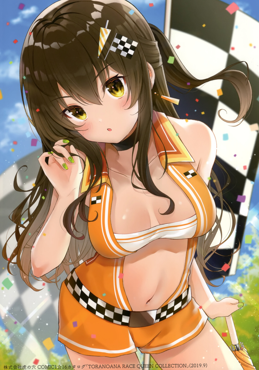 1girl absurdres bandeau bare_arms bare_shoulders belt black_choker black_hair blurry breasts checkered checkered_flag choker collarbone confetti cowboy_shot day depth_of_field flag green_nails gyozanuko hair_ornament hand_up highres long_hair looking_at_viewer medium_breasts nail_polish navel one_side_up open_clothes orange_shorts original outdoors parted_lips racequeen revealing_clothes scan short_shorts shorts sleeveless solo stomach umbrella wing_collar yellow_eyes
