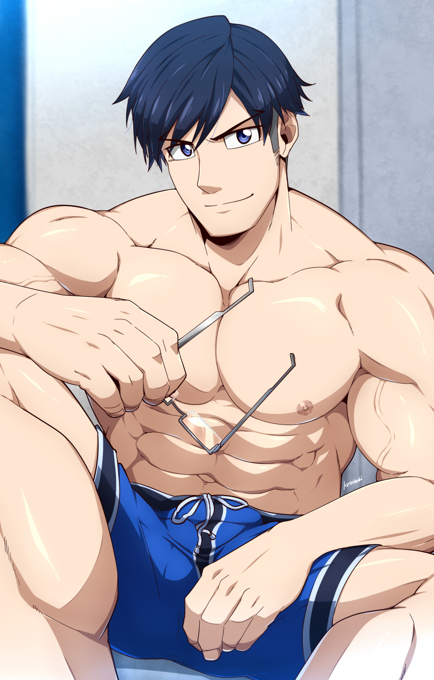 1boy abs absurdres bara blue_hair boku_no_hero_academia bulge chest collarbone eyewear_removed glasses highres iida_tenya kuroshinki male_focus muscle nipples pectorals red_eyes shirtless short_hair shorts sitting toned toned_male