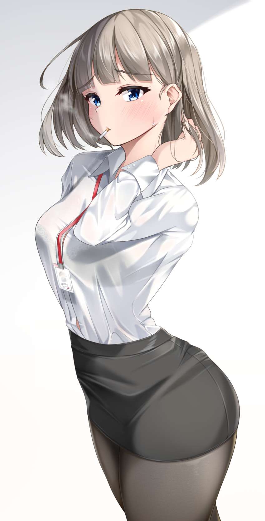 1girl absurdres ass bangs black_legwear blue_eyes blush bra_through_clothes breasts cigarette grey_hair hand_in_hair highres id_card lomocya medium_breasts office_lady original pantyhose pencil_skirt see-through shirt simple_background skirt smoking solo sweatdrop thighs white_shirt