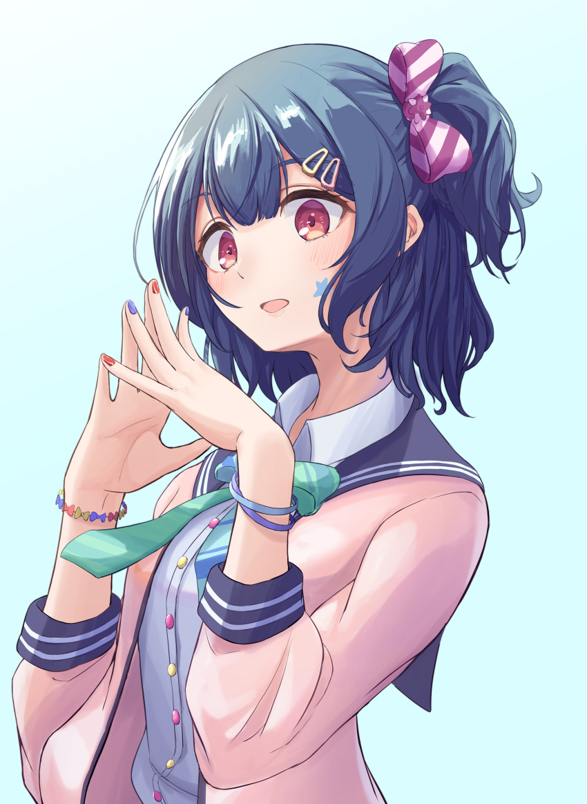 1girl :d absurdres bangs blue_hair blunt_bangs bow bracelet breasts collar collared_shirt facial_tattoo gradient gradient_background gyaru hair_bow hair_ornament hairclip hands_together highres idolmaster idolmaster_shiny_colors jacket jewelry kogal light_blush long_sleeves looking_at_viewer medium_hair morino_rinze nail_polish open_clothes open_jacket open_mouth pink_jacket red_eyes sailor_collar shirt side_ponytail sidelocks simple_background small_breasts smile solo star_(symbol) striped striped_bow tattoo tomatology3 upper_body white_collar white_shirt wristband