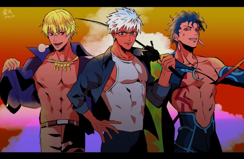 3boys abs alternate_costume archer blonde_hair blue_hair brown_eyes chest covered_abs cu_chulainn_(fate)_(all) cu_chulainn_(fate/grand_order) dark_skin dark_skinned_male earrings eriko-(erk_ecory) fate/grand_order fate_(series) fishing_rod gilgamesh gilgamesh_(caster)_(fate) hand_on_hip highres jewelry male_focus multiple_boys muscle nipples pectorals red_eyes shirtless summer_casual_(fate/grand_order) tank_top toned toned_male undressing white_hair