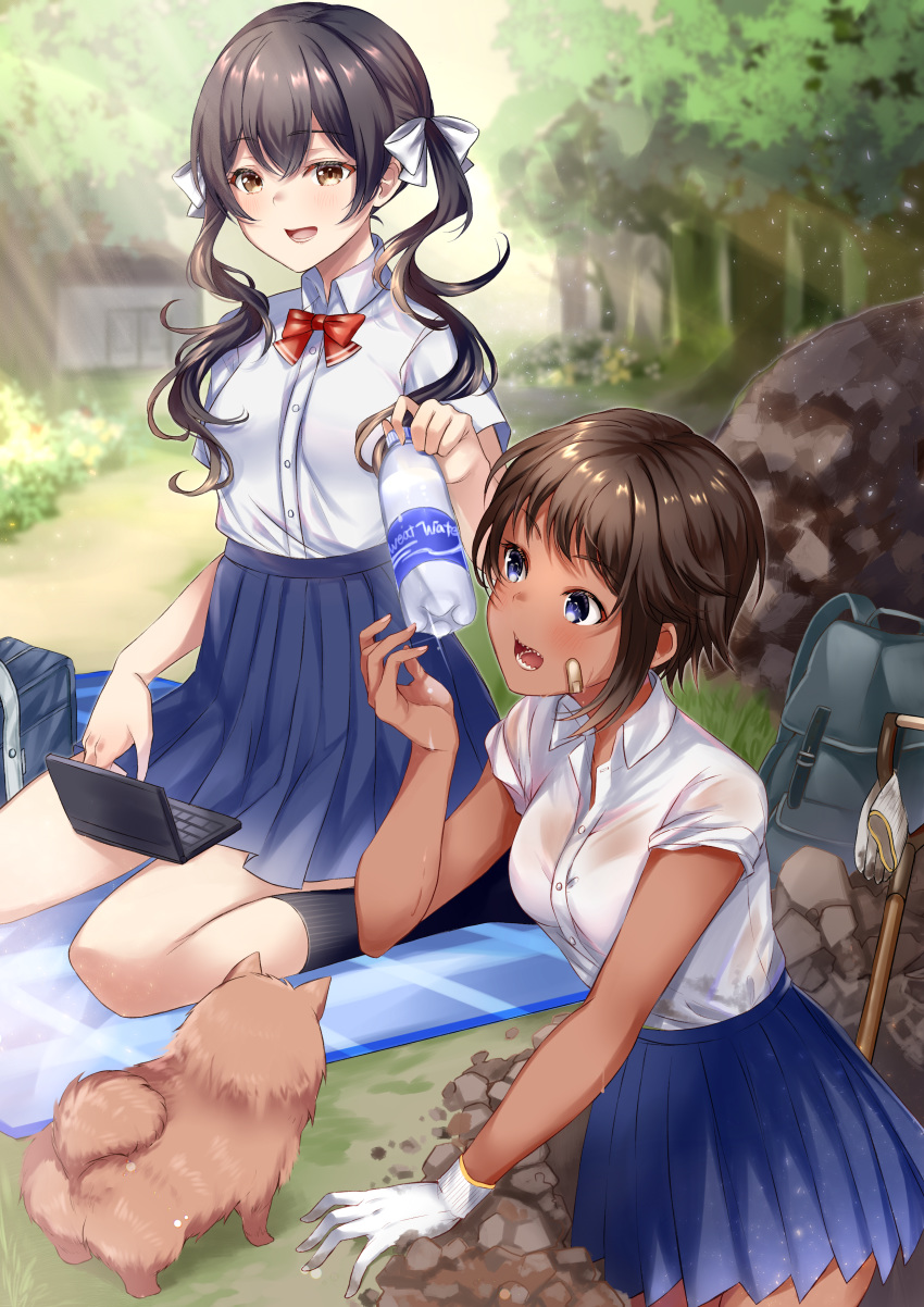 2girls :d absurdres animal backpack bag bandaid bandaid_on_cheek bangs black_hair black_legwear blanket blue_eyes blue_skirt bottle bow bra bra_through_clothes breasts brown_eyes brown_hair collared_shirt commentary_request day dog dress_shirt eyebrows_visible_through_hair forest gloves gloves_removed hair_between_eyes hair_bow highres holding holding_bottle hole kneehighs long_hair mashiro_aa medium_breasts multiple_girls nature open_mouth original outdoors pleated_skirt red_bow school_bag see-through sharp_teeth shirt short_hair short_sleeves shovel single_glove sitting skirt small_breasts smile tan teeth twintails underwear v-shaped_eyebrows wariza water_bottle wet wet_clothes wet_shirt white_bow white_bra white_gloves white_shirt