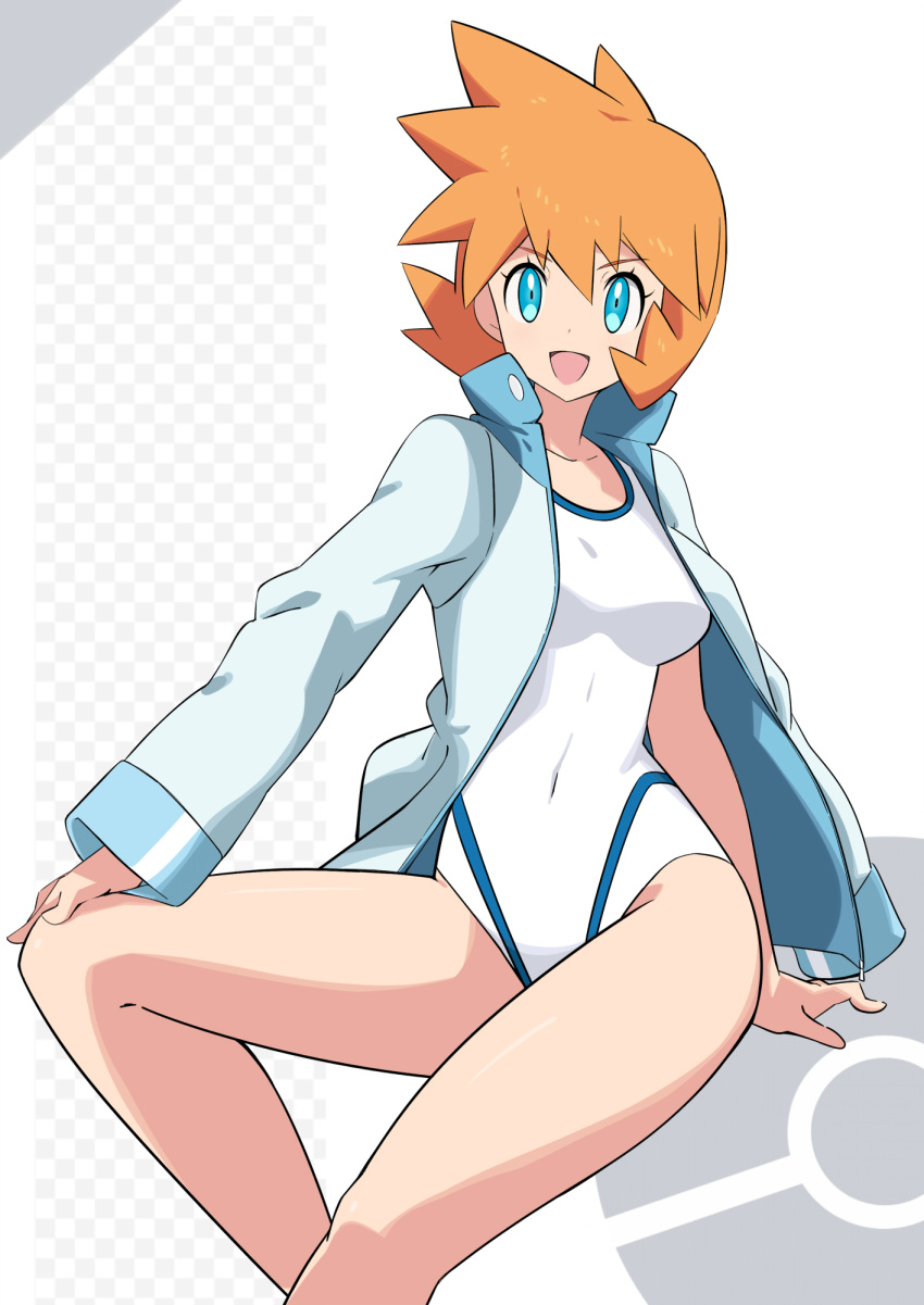 1girl aqua_jacket bangs blue_eyes breasts checkered collarbone commentary competition_swimsuit covered_navel eyelashes hair_between_eyes hand_on_own_knee highres jacket long_sleeves looking_at_viewer misty_(pokemon) one-piece_swimsuit open_clothes open_jacket open_mouth orange_hair pokemon pokemon_(game) pokemon_hgss revision sakuraidai short_hair smile solo swimsuit track_jacket white_swimsuit